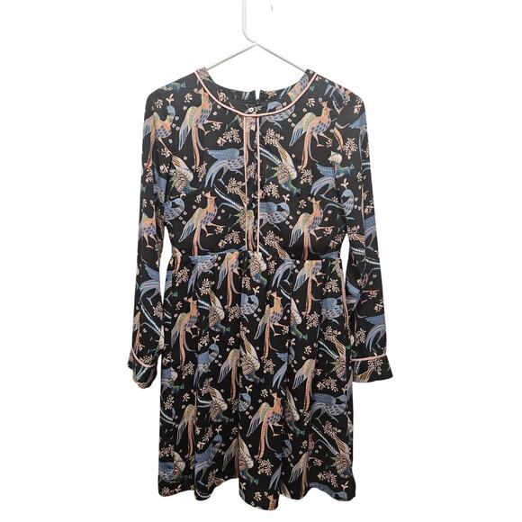 LOFT Womens 0 2 Petite Peacock Snow Bird Print Long Sleeve Dress Crew Neck - Picture 1 of 9